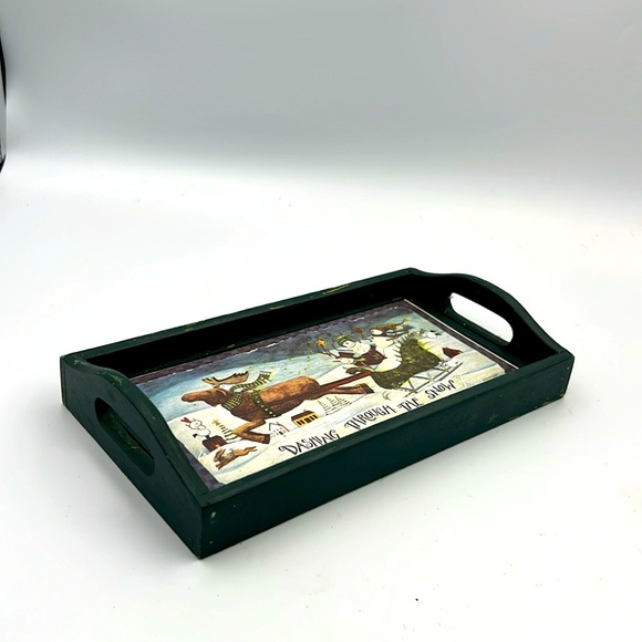 Wooden Dashing through the snow tray display ceramic Christmas sleigh reindeer - Picture 2 of 8
